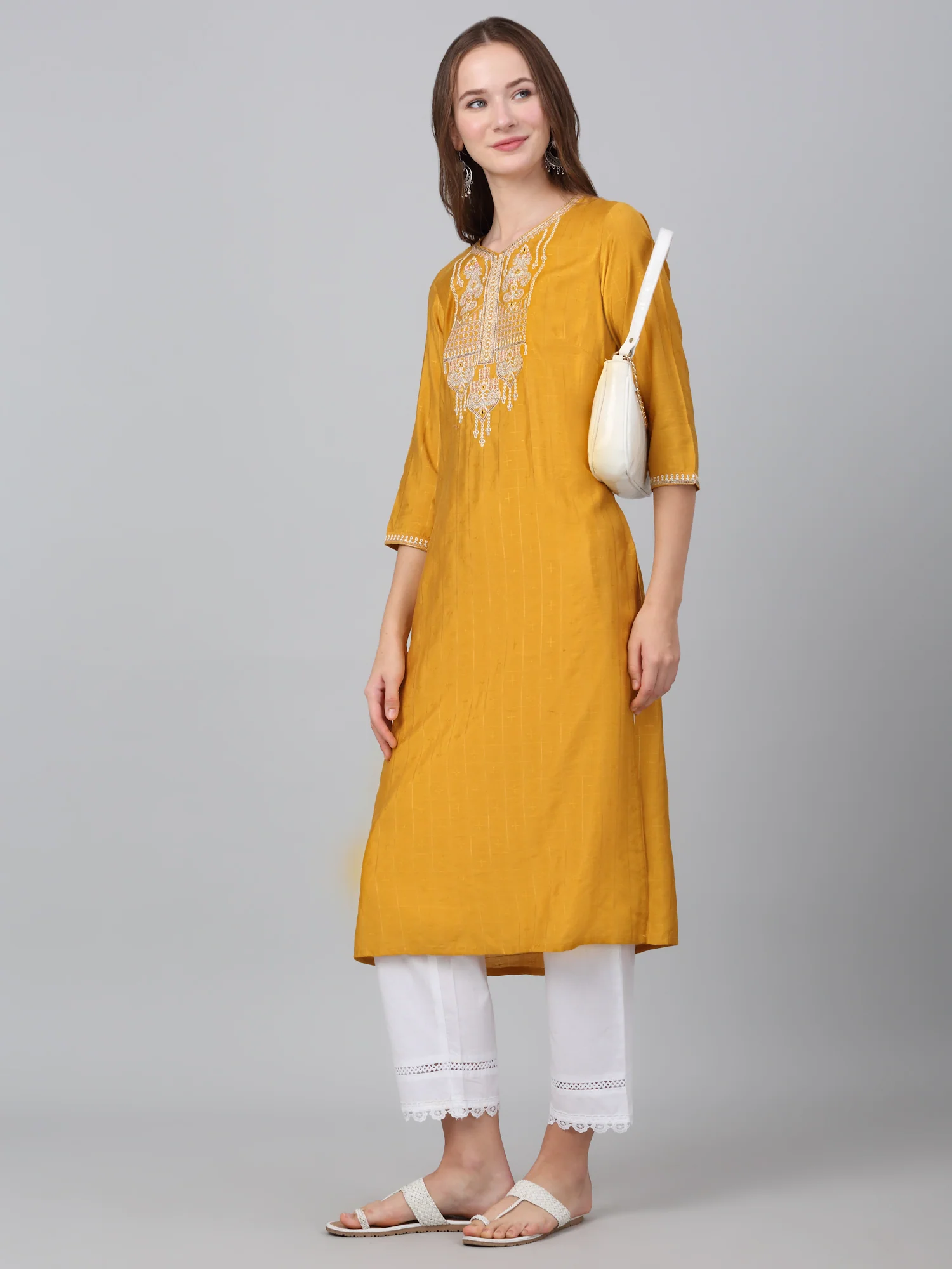 Women's Mustard Checked Casual Kurti - Image 6