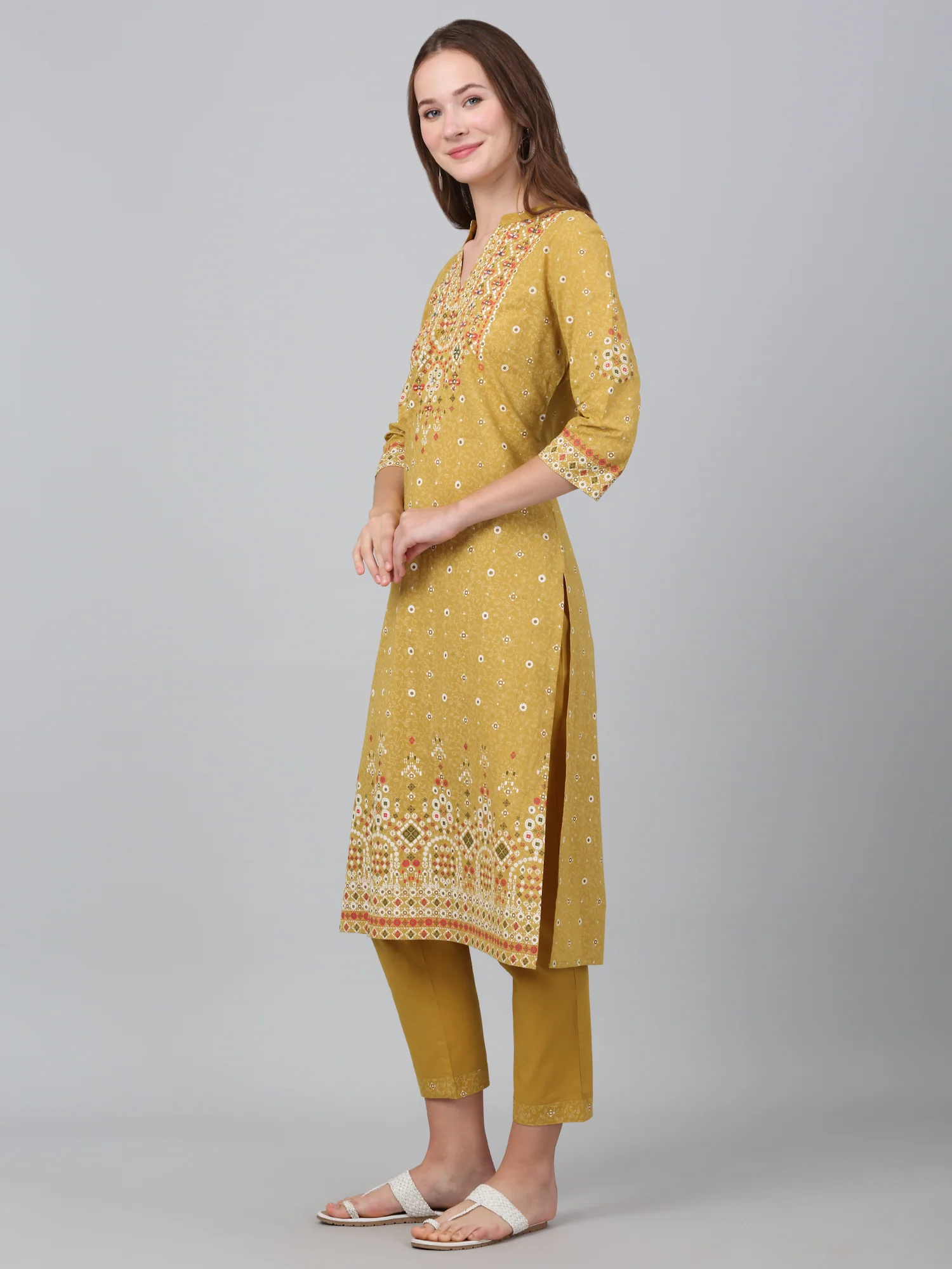 Women's Mustard Floral Print Casual Kurta Plazzo Set - Image 3