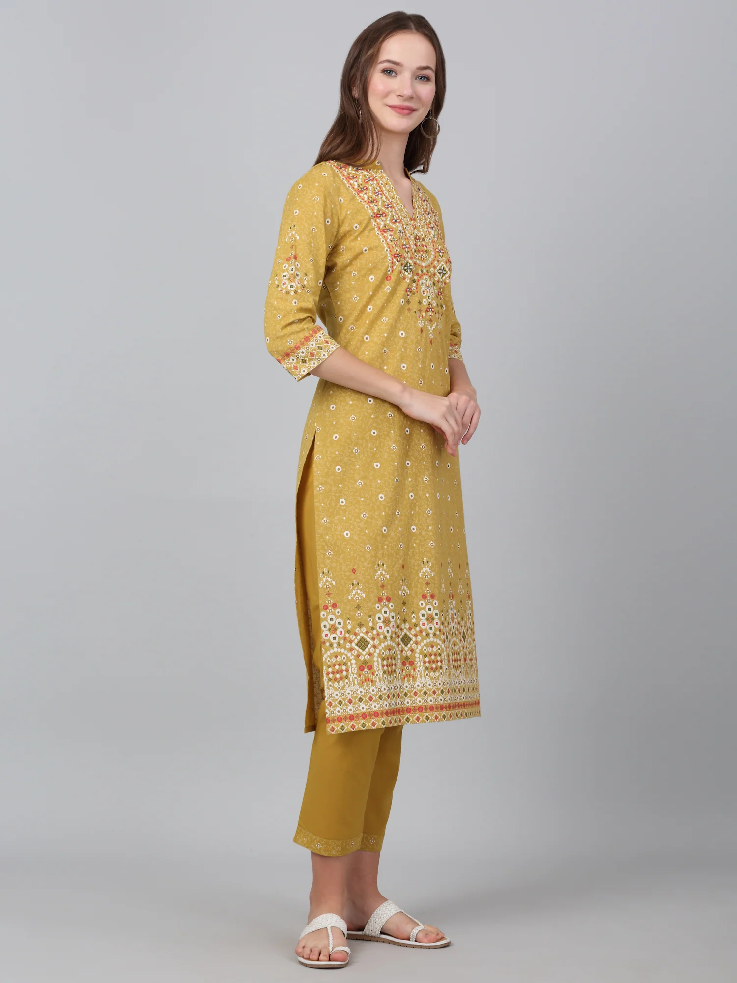 Women's Mustard Floral Print Casual Kurta Plazzo Set - Image 4