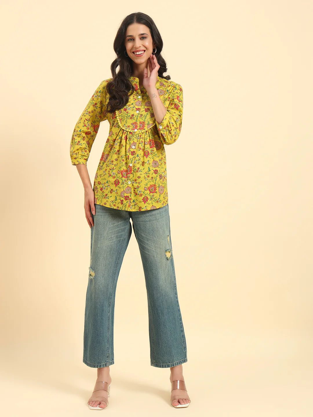 Women's Mustard Printed 3/4th Sleeve Mandarin Collar Casual Tunic - Image 2