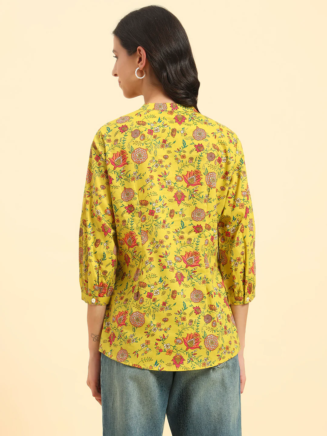 Women's Mustard Printed 3/4th Sleeve Mandarin Collar Casual Tunic - Image 3