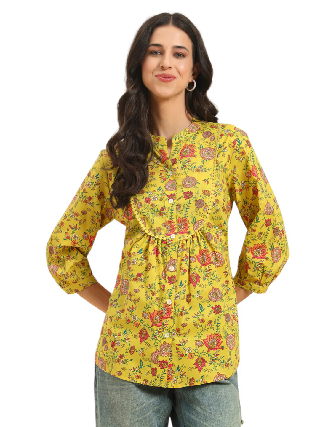 Women's Mustard Printed 3/4th Sleeve Mandarin Collar Casual Tunic - Image 4
