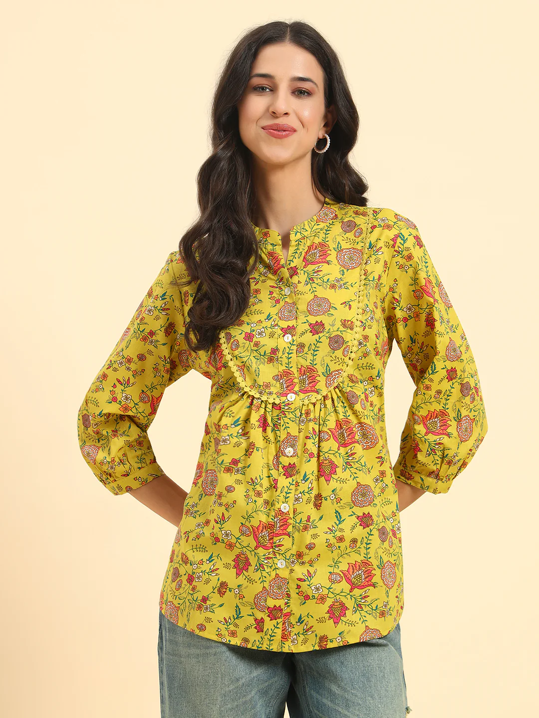 Women's Mustard Printed 3/4th Sleeve Mandarin Collar Casual Tunic - Image 5