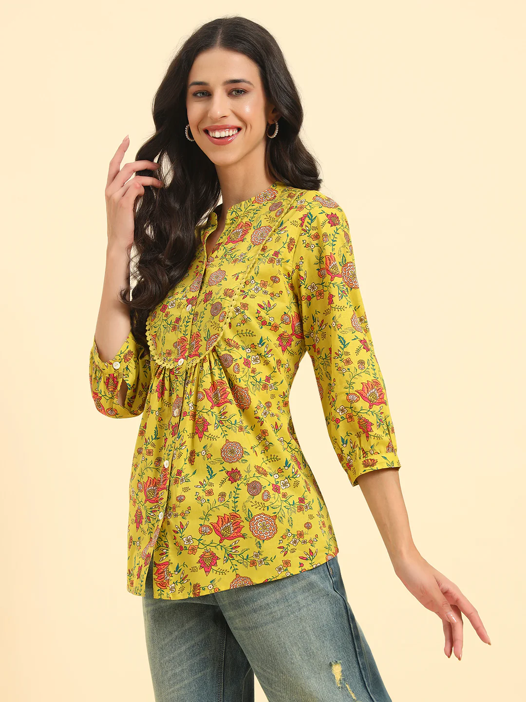 Women's Mustard Printed 3/4th Sleeve Mandarin Collar Casual Tunic - Image 6