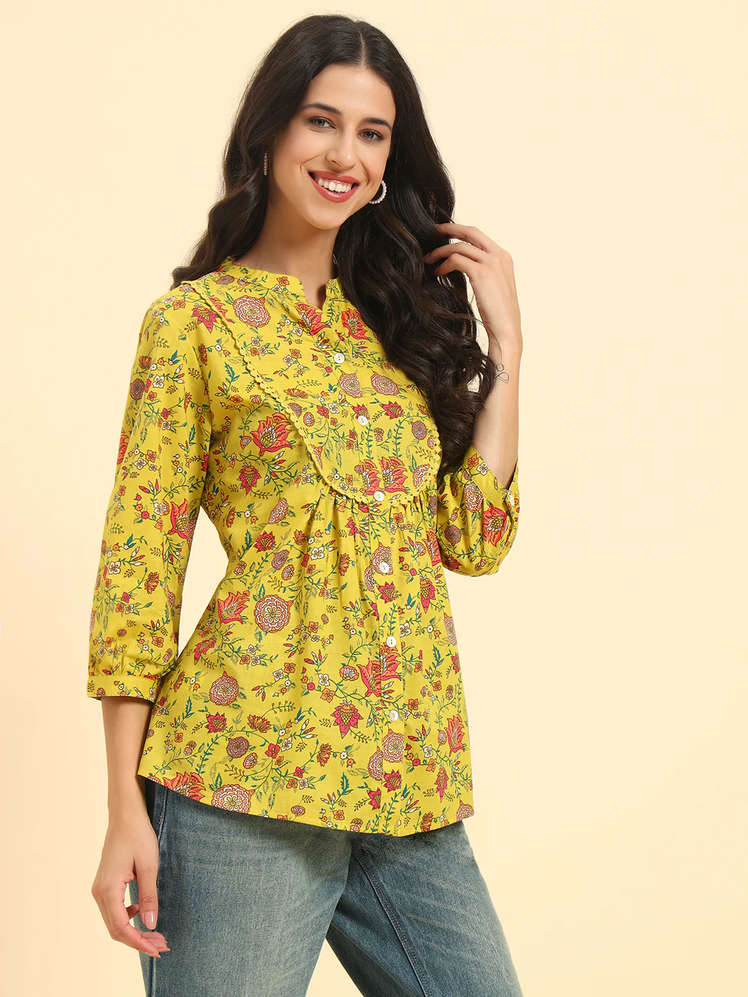 Women's Mustard Printed 3/4th Sleeve Mandarin Collar Casual Tunic - Image 7