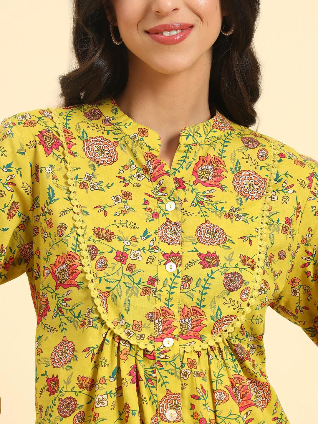 Women's Mustard Printed 3/4th Sleeve Mandarin Collar Casual Tunic - Image 8