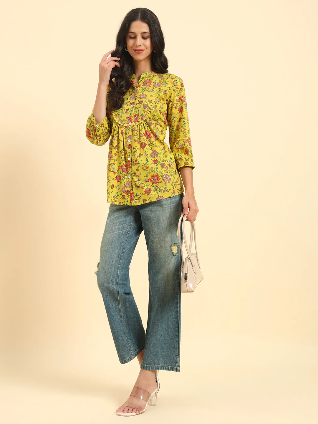 Women's Mustard Printed 3/4th Sleeve Mandarin Collar Casual Tunic - Image 9