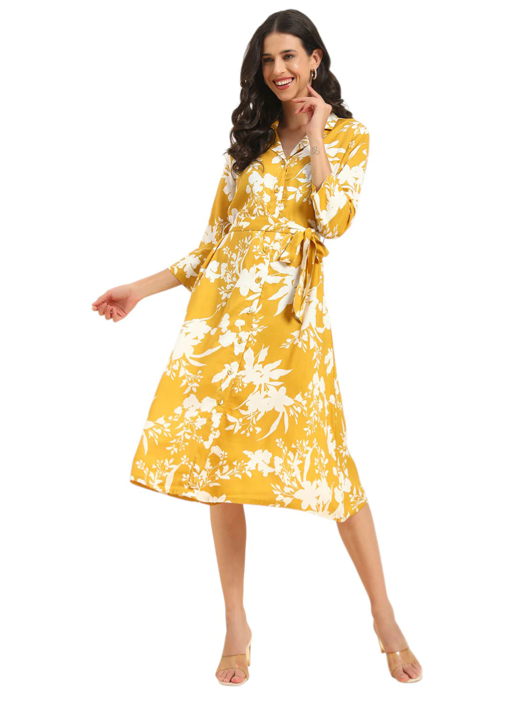Women's Mustard Printed 3/4th Sleeve Shirt Collar Casual Dress - Image 2