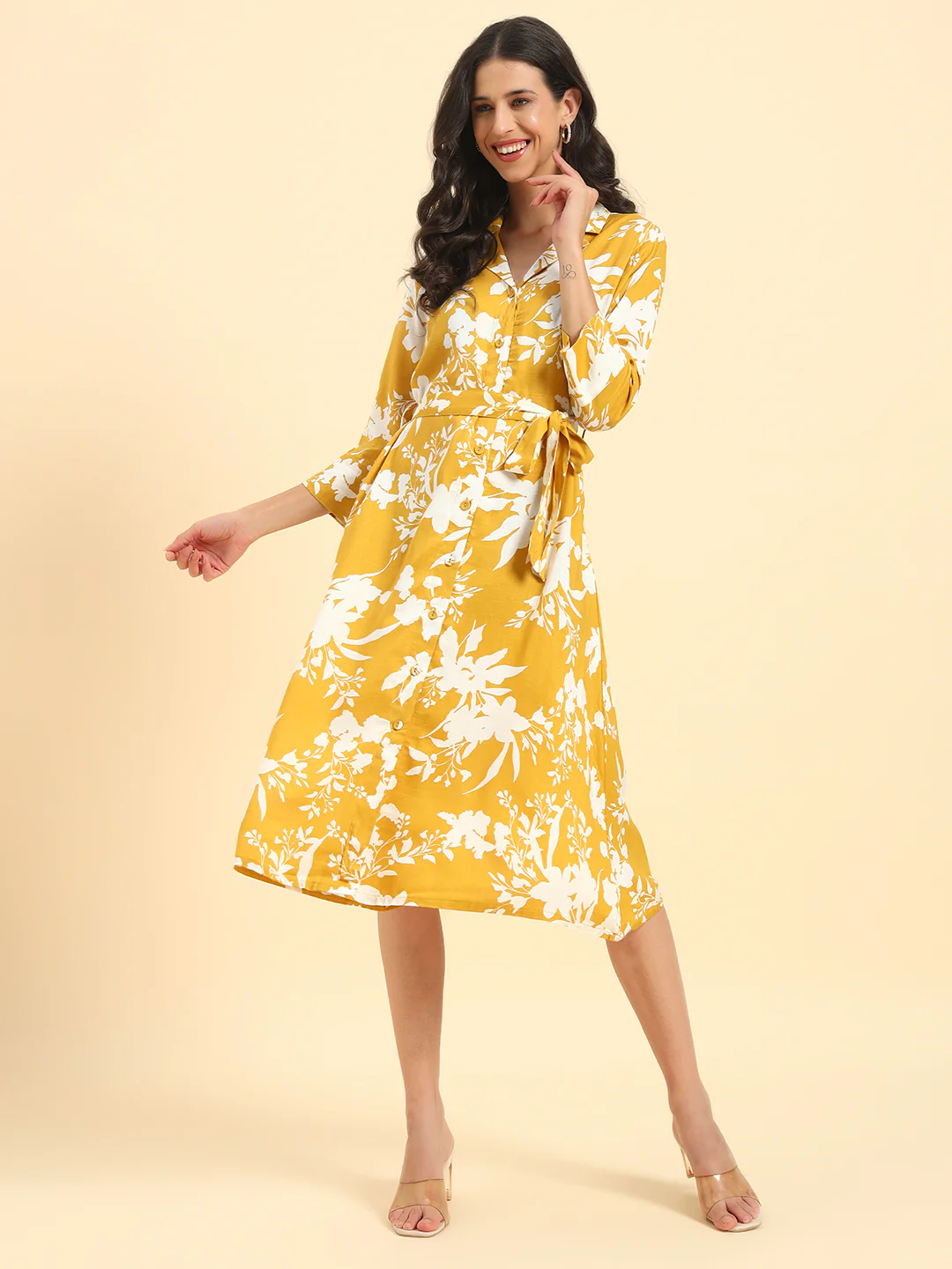 Women's Mustard Printed 3/4th Sleeve Shirt Collar Casual Dress - Image 3