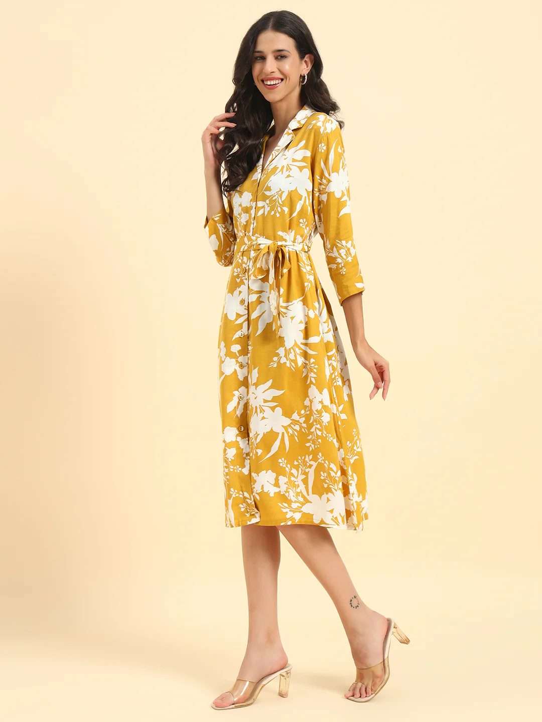 Women's Mustard Printed 3/4th Sleeve Shirt Collar Casual Dress - Image 4