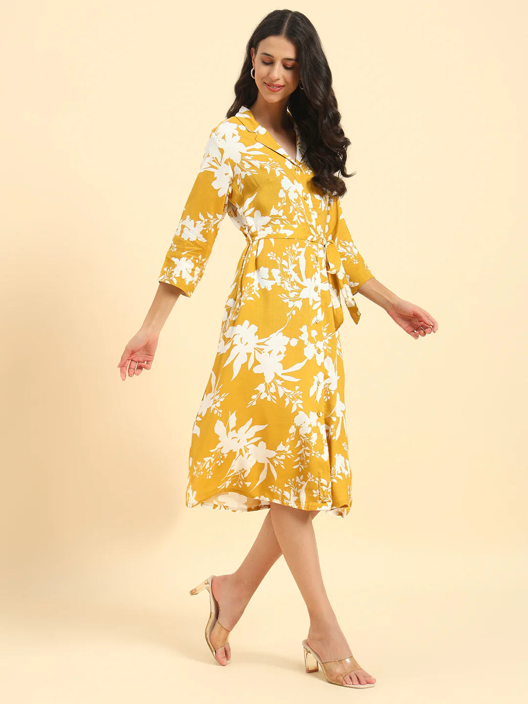 Women's Mustard Printed 3/4th Sleeve Shirt Collar Casual Dress - Image 5
