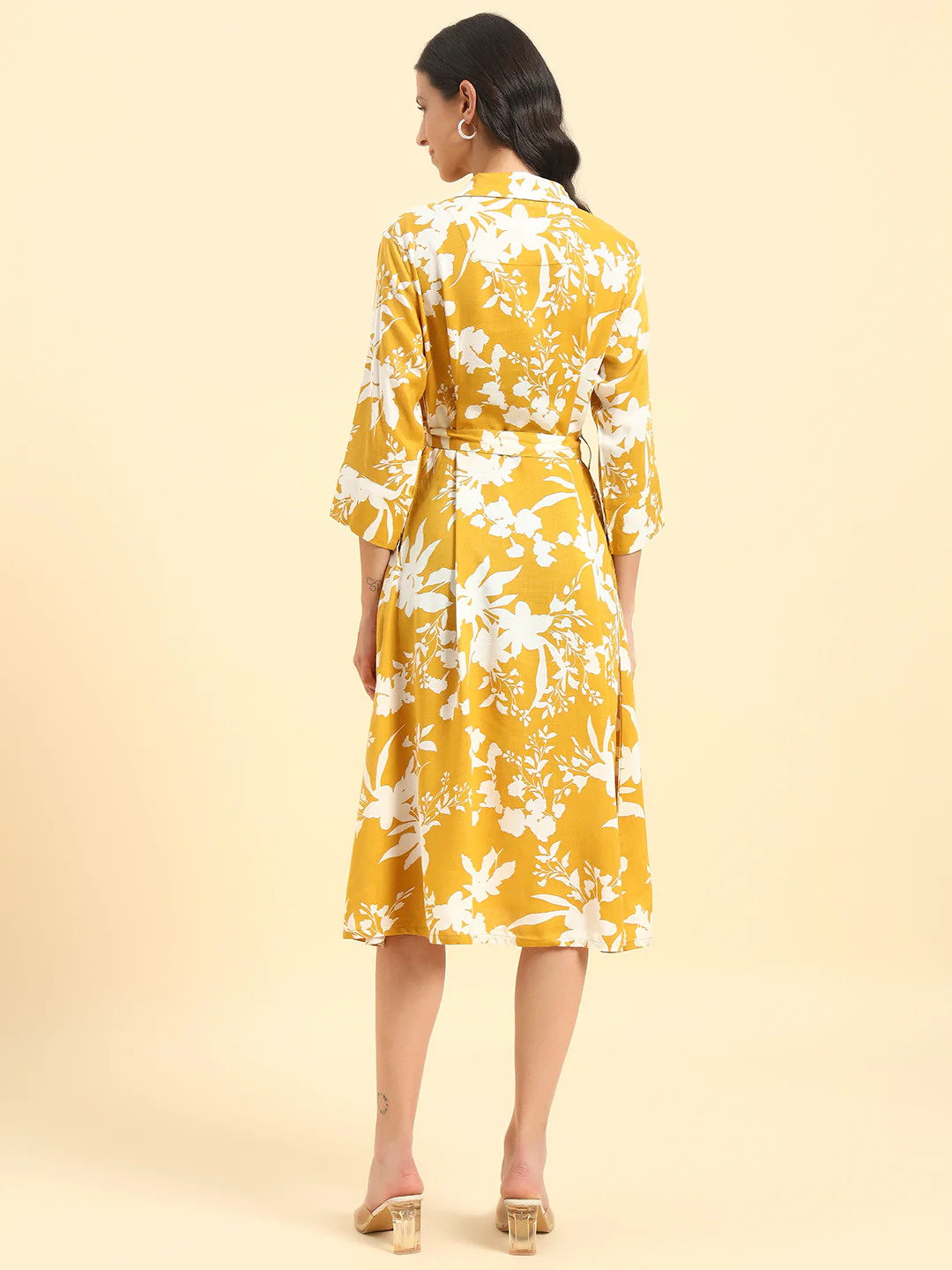 Women's Mustard Printed 3/4th Sleeve Shirt Collar Casual Dress - Image 6