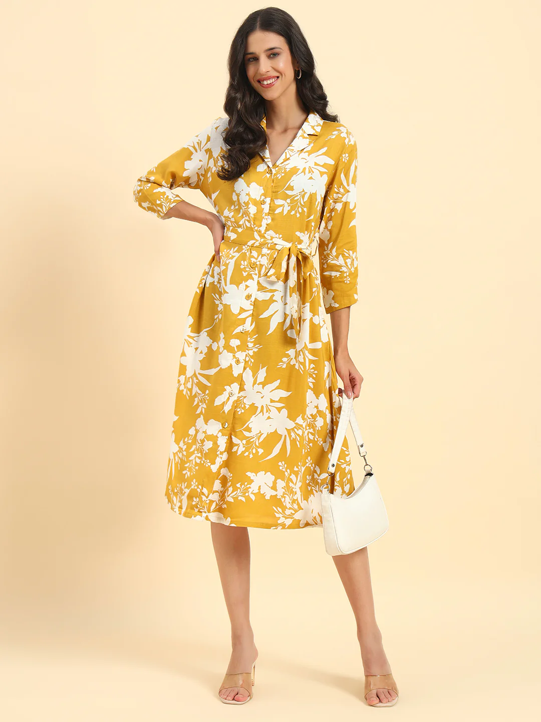 Women's Mustard Printed 3/4th Sleeve Shirt Collar Casual Dress - Image 8
