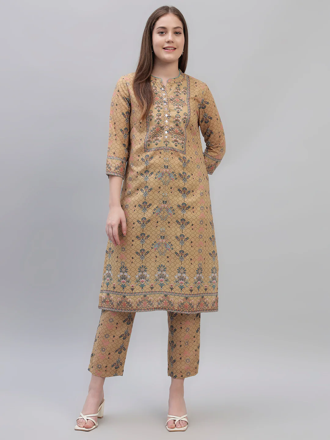 Women's Mustard Printed 3/4th Sleeves Round Neck Casual Kurti Plazo Set - Image 2