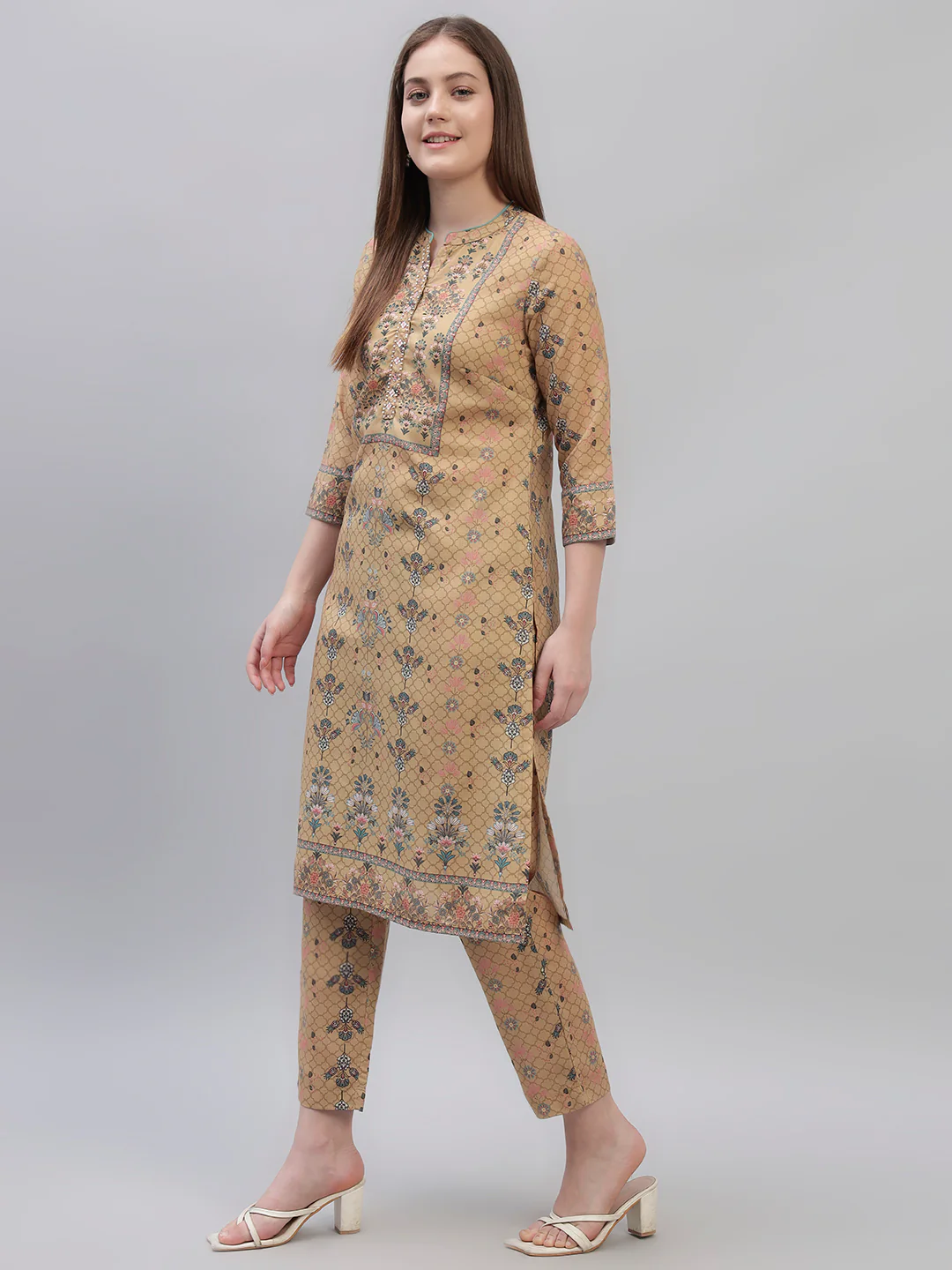 Women's Mustard Printed 3/4th Sleeves Round Neck Casual Kurti Plazo Set - Image 3