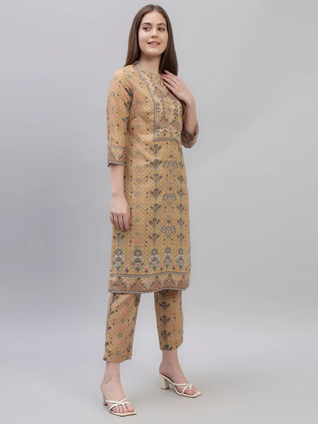 Women's Mustard Printed 3/4th Sleeves Round Neck Casual Kurti Plazo Set - Image 5