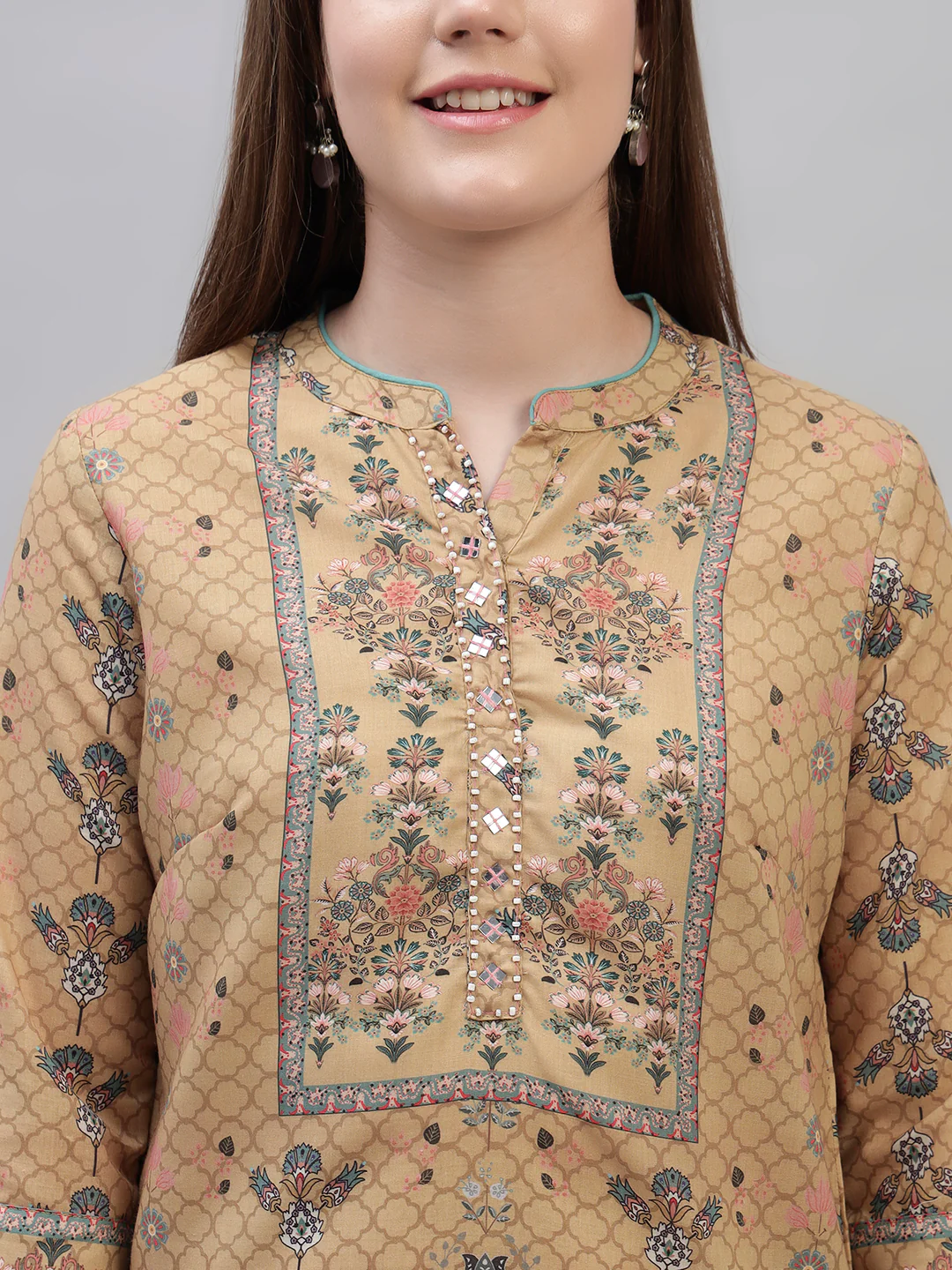 Women's Mustard Printed 3/4th Sleeves Round Neck Casual Kurti Plazo Set - Image 6