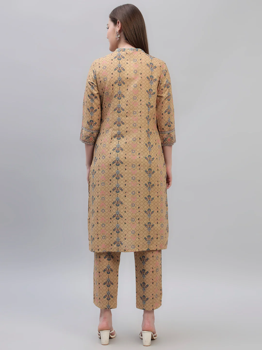 Women's Mustard Printed 3/4th Sleeves Round Neck Casual Kurti Plazo Set - Image 8