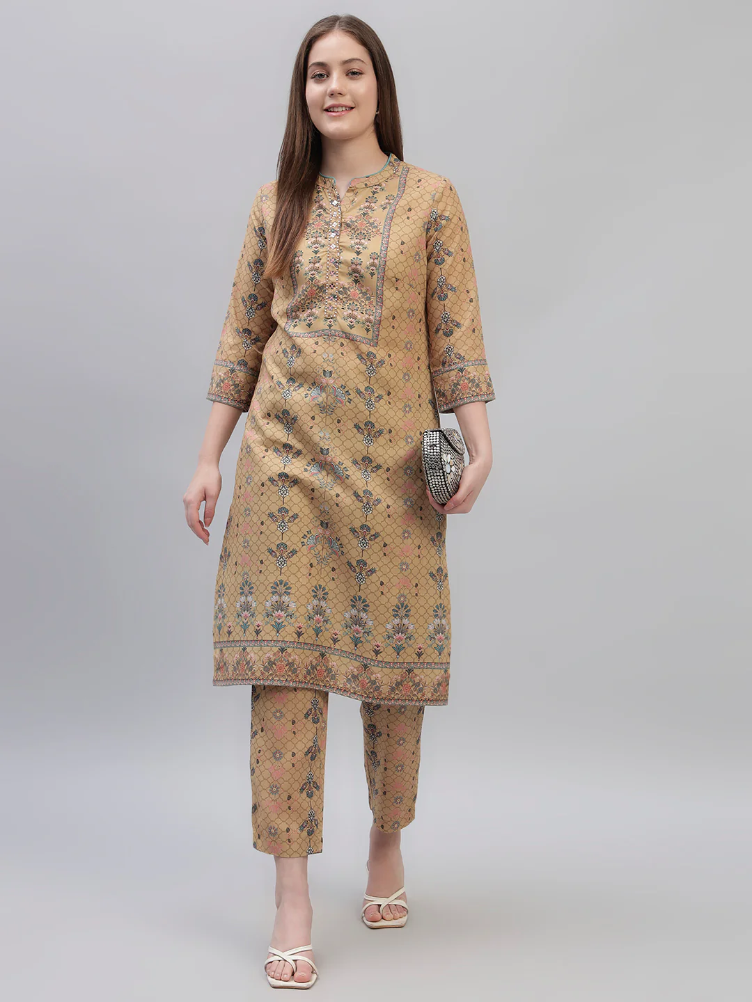 Women's Mustard Printed 3/4th Sleeves Round Neck Casual Kurti Plazo Set - Image 9