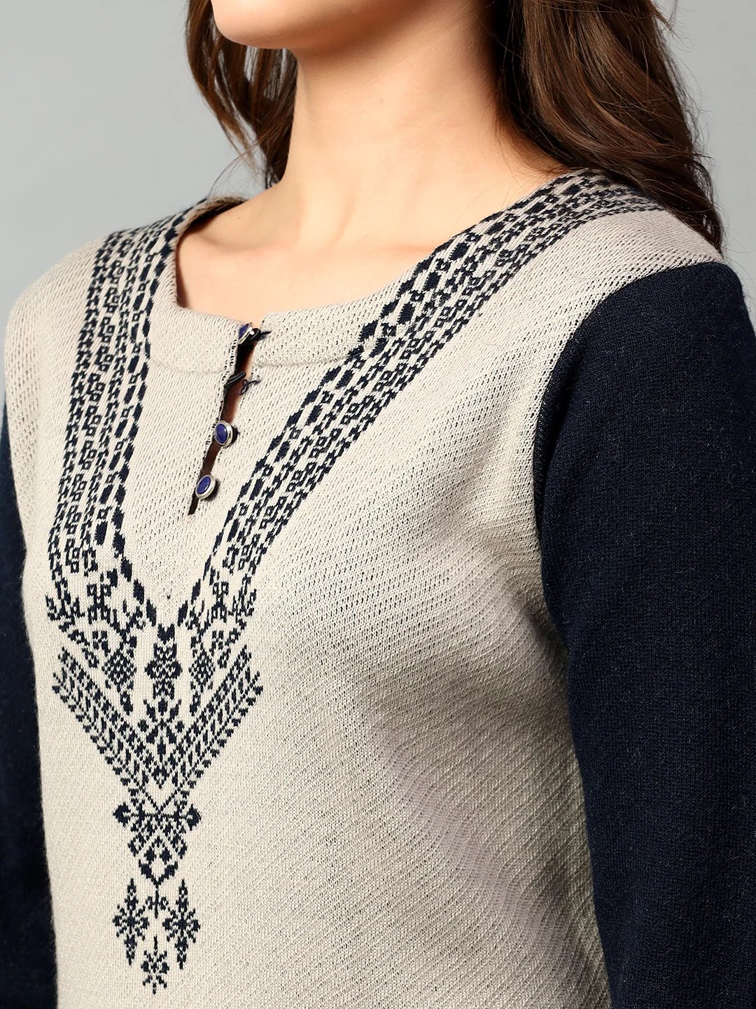Women's Navy Blue Printed Round Neck Kurta Palazzo Set For Winter - Image 6