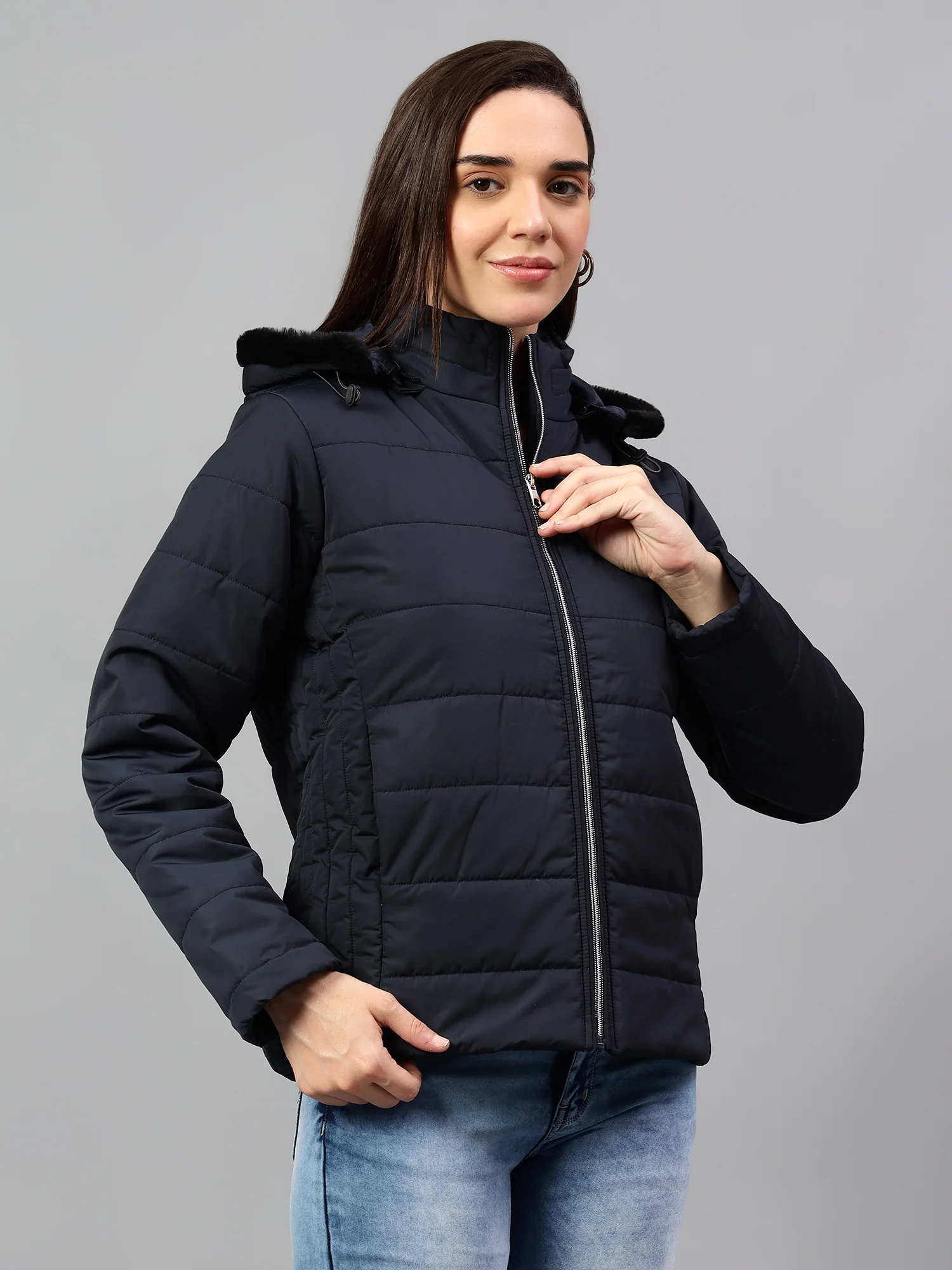 Women's Navy Blue Solid Full Sleeves Winter Jacket - Image 3