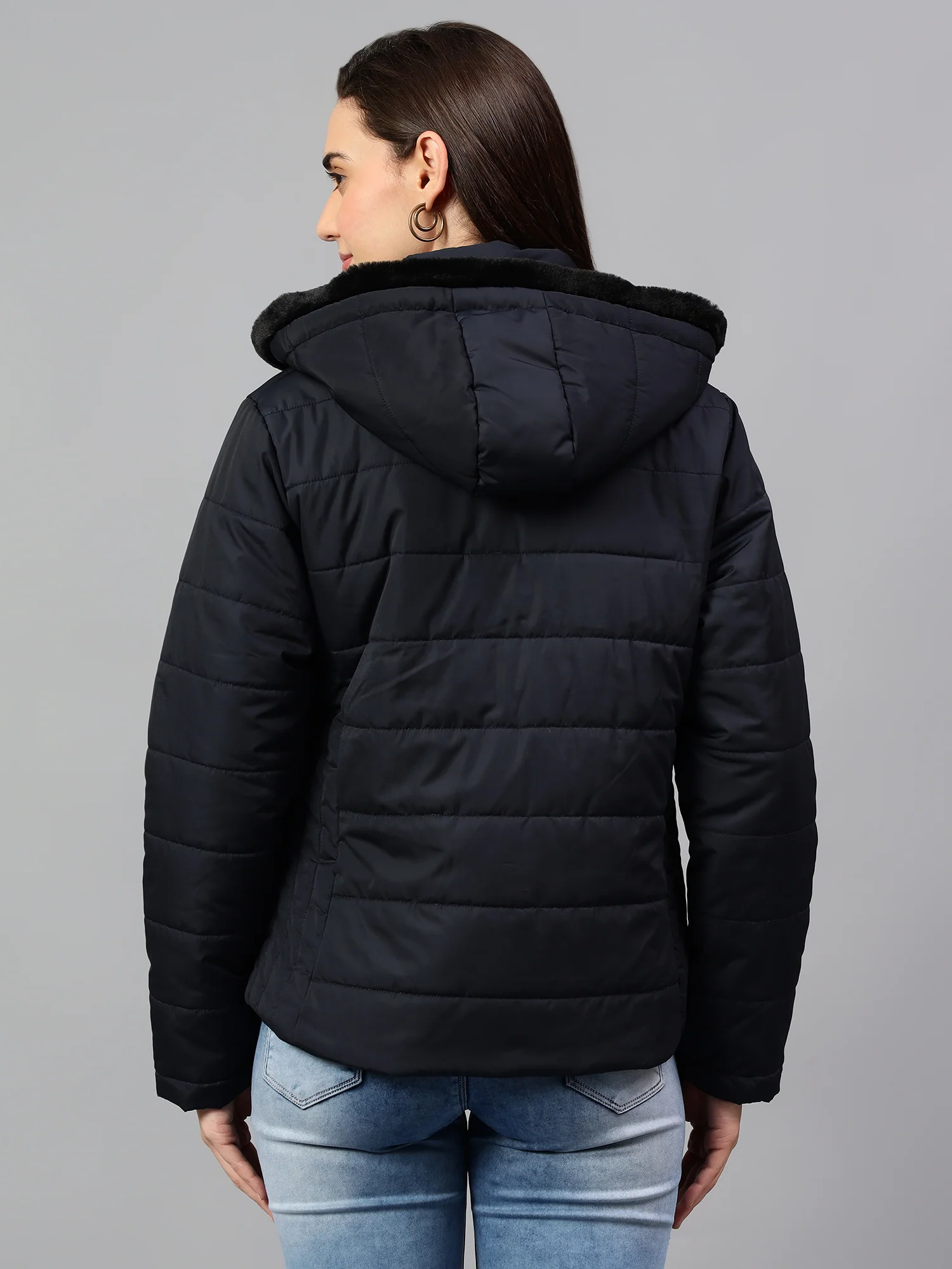 Women's Navy Blue Solid Full Sleeves Winter Jacket - Image 4