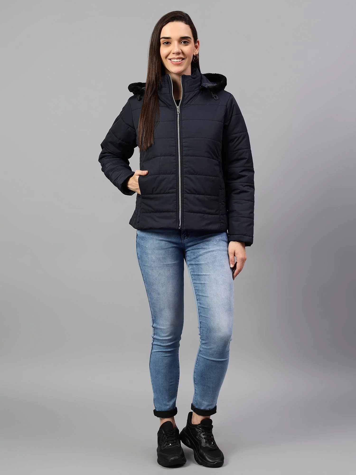 Women's Navy Blue Solid Full Sleeves Winter Jacket - Image 5