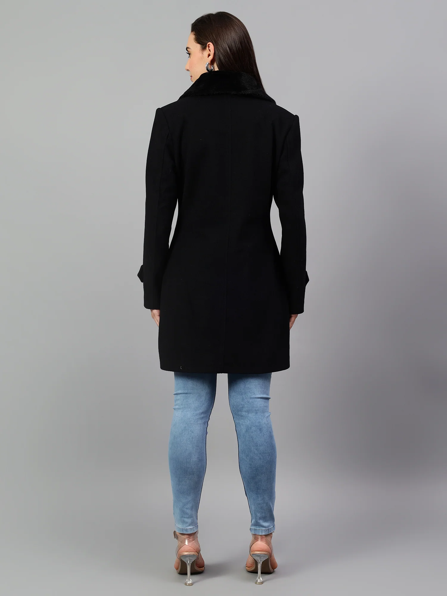 Women's Navy Blue Solid Full Sleeves Winter Long Coat - Image 2