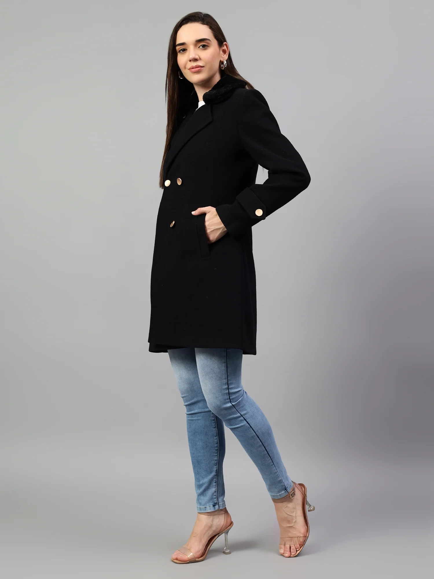 Women's Navy Blue Solid Full Sleeves Winter Long Coat - Image 3