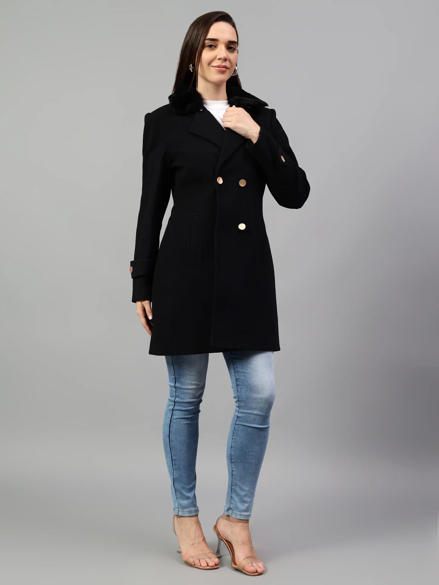 Women's Navy Blue Solid Full Sleeves Winter Long Coat - Image 4