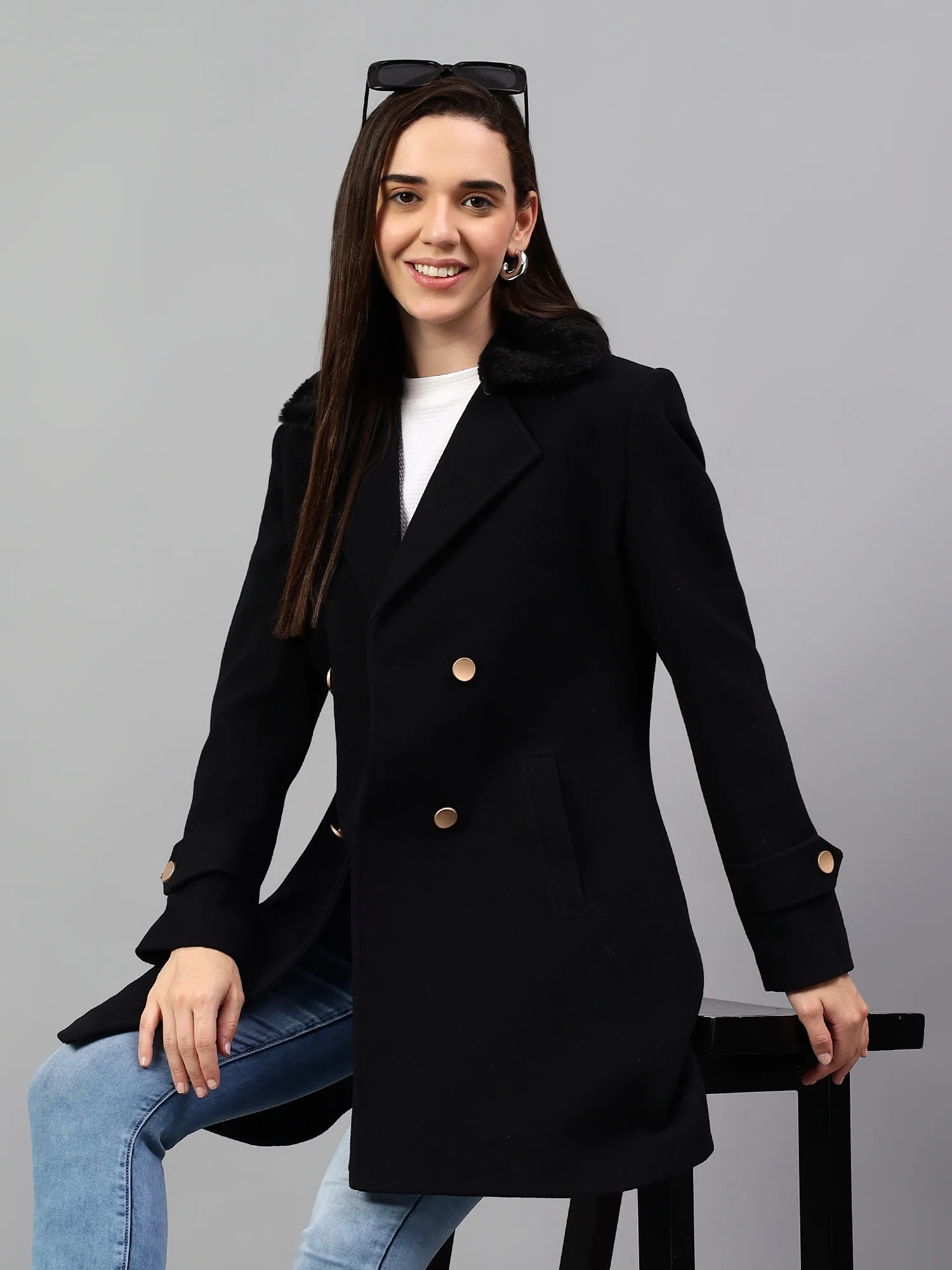 Women's Navy Blue Solid Full Sleeves Winter Long Coat - Image 5