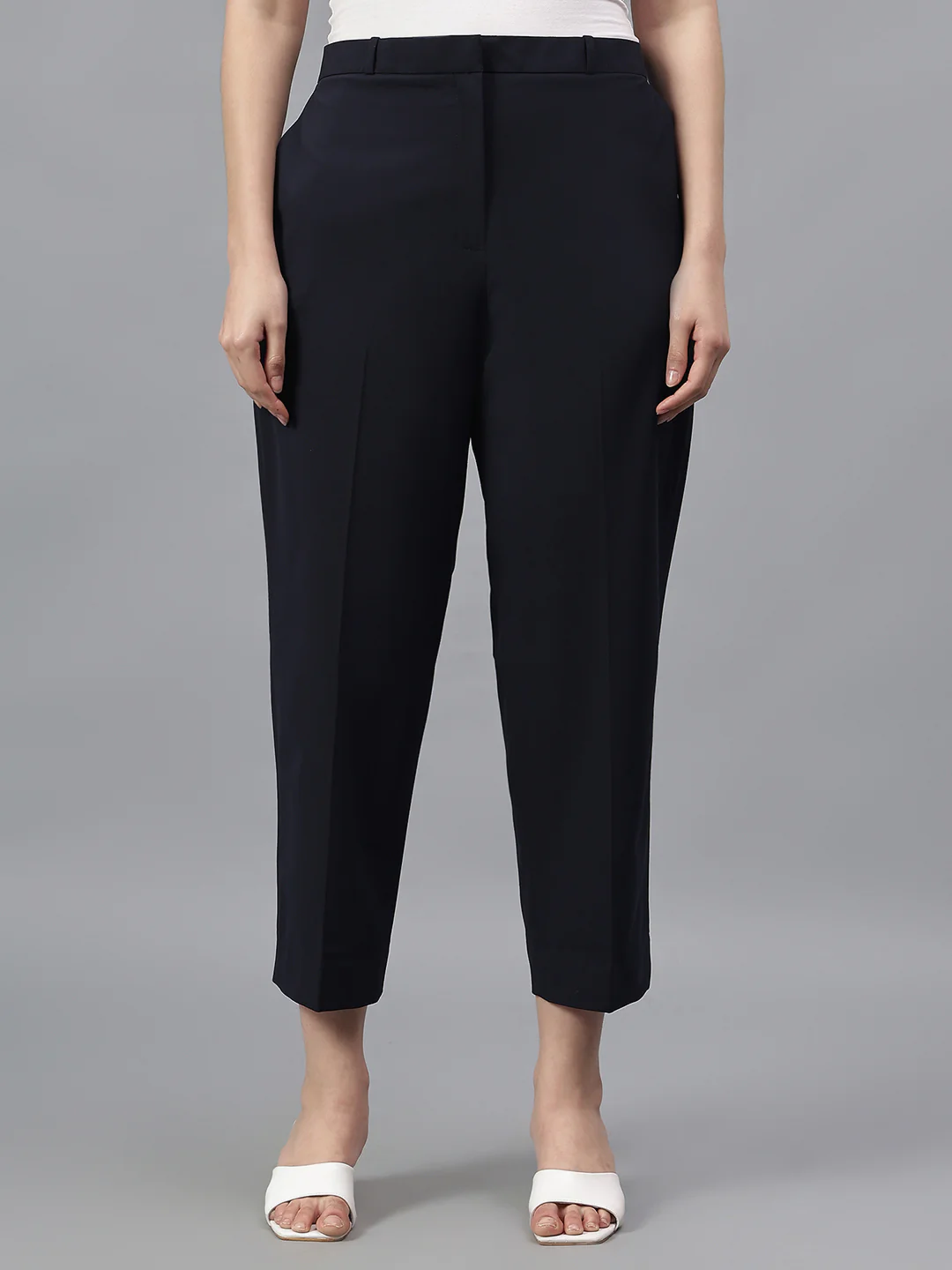Women's Navy Blue Solid Regular Fit Formal Trosuer - Image 2