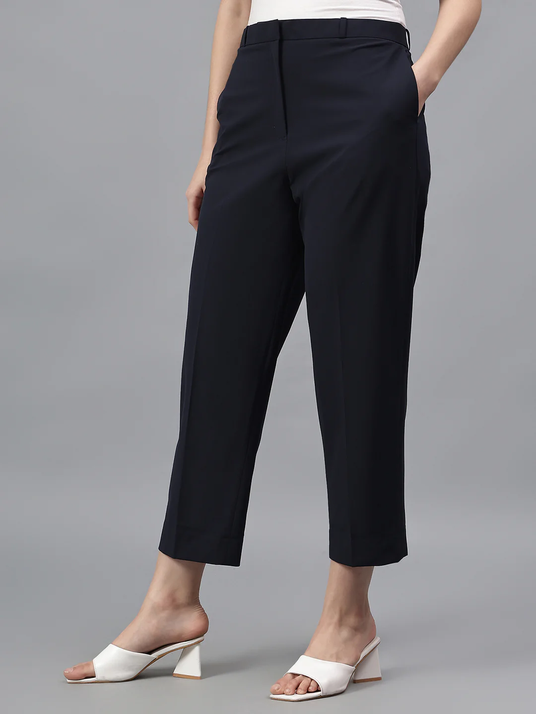 Women's Navy Blue Solid Regular Fit Formal Trosuer - Image 3