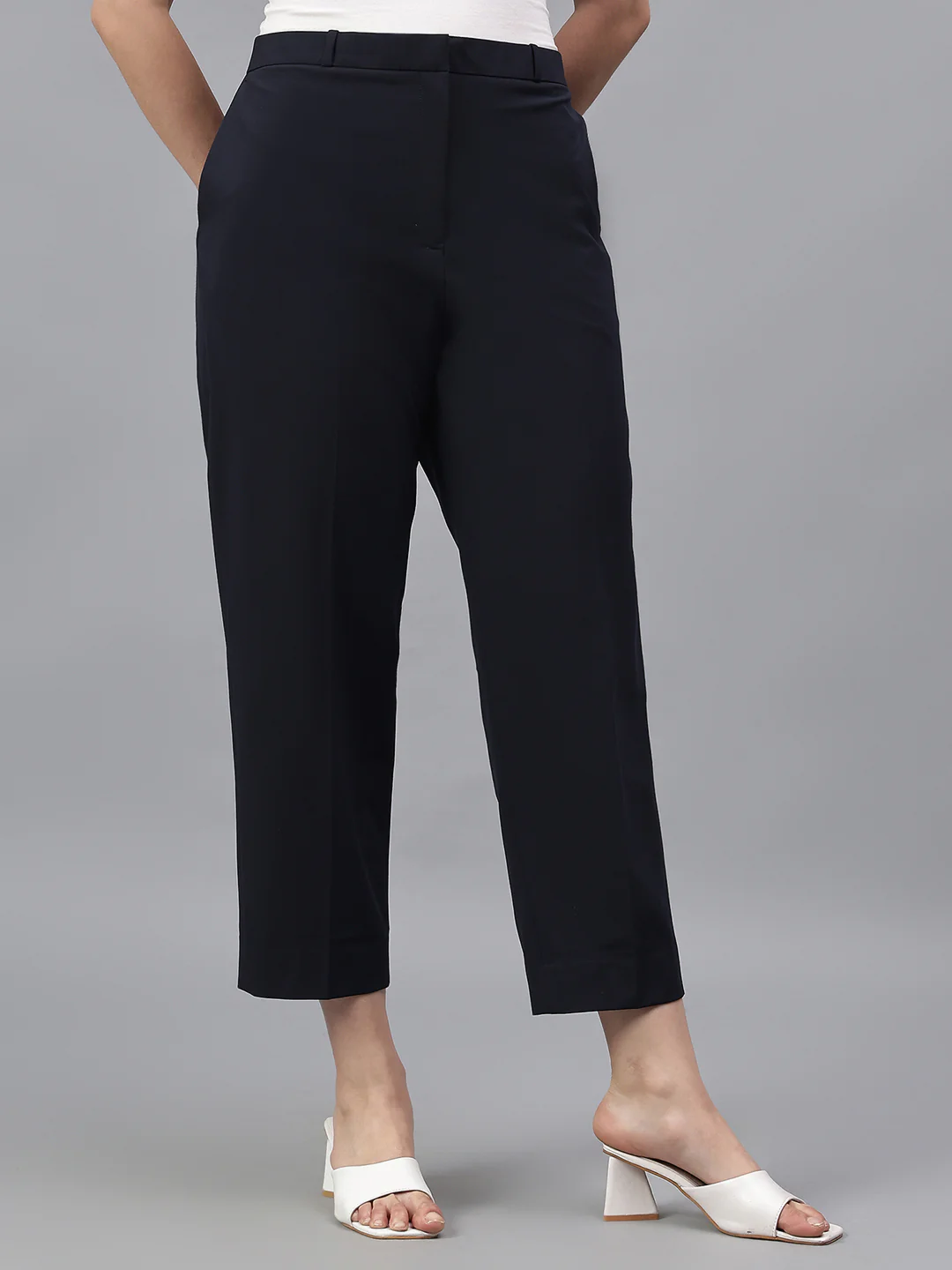 Women's Navy Blue Solid Regular Fit Formal Trosuer - Image 4