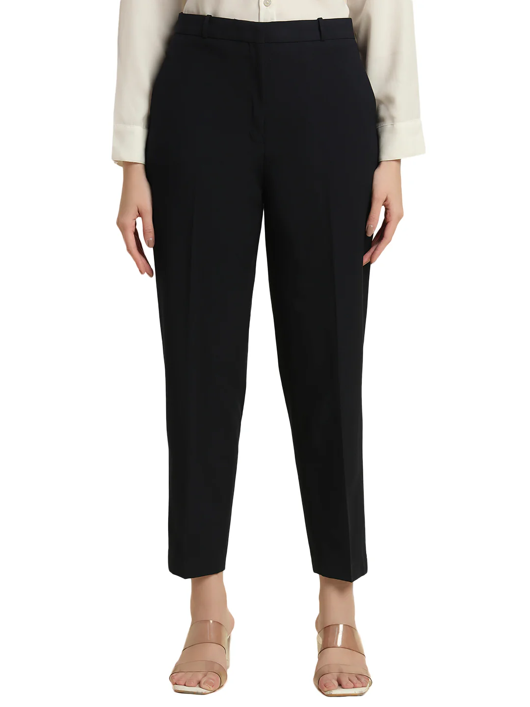 Women's Navy Blue Solid Regular Fit Formal Trouser - Image 2