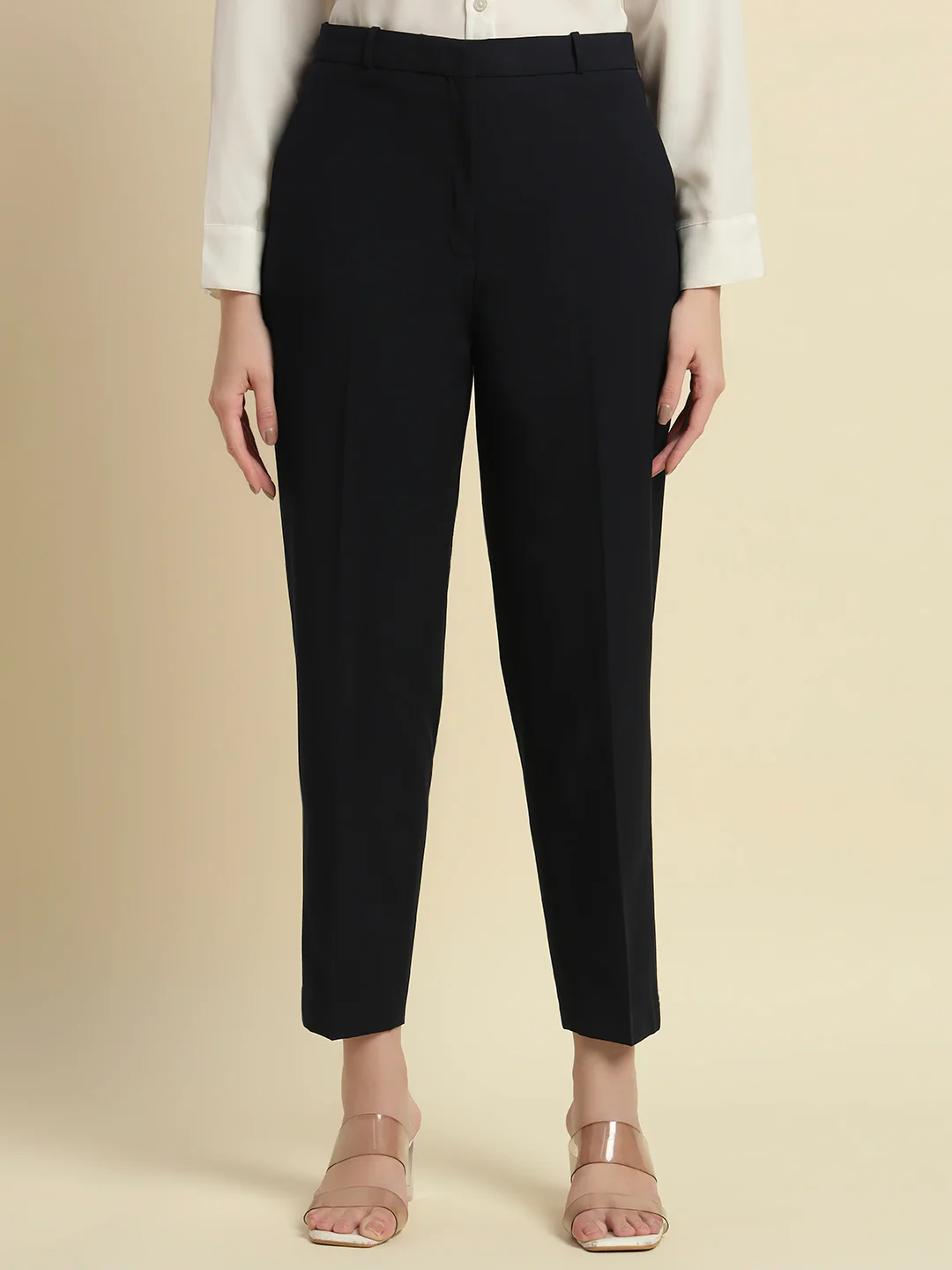 Women's Navy Blue Solid Regular Fit Formal Trouser - Image 3