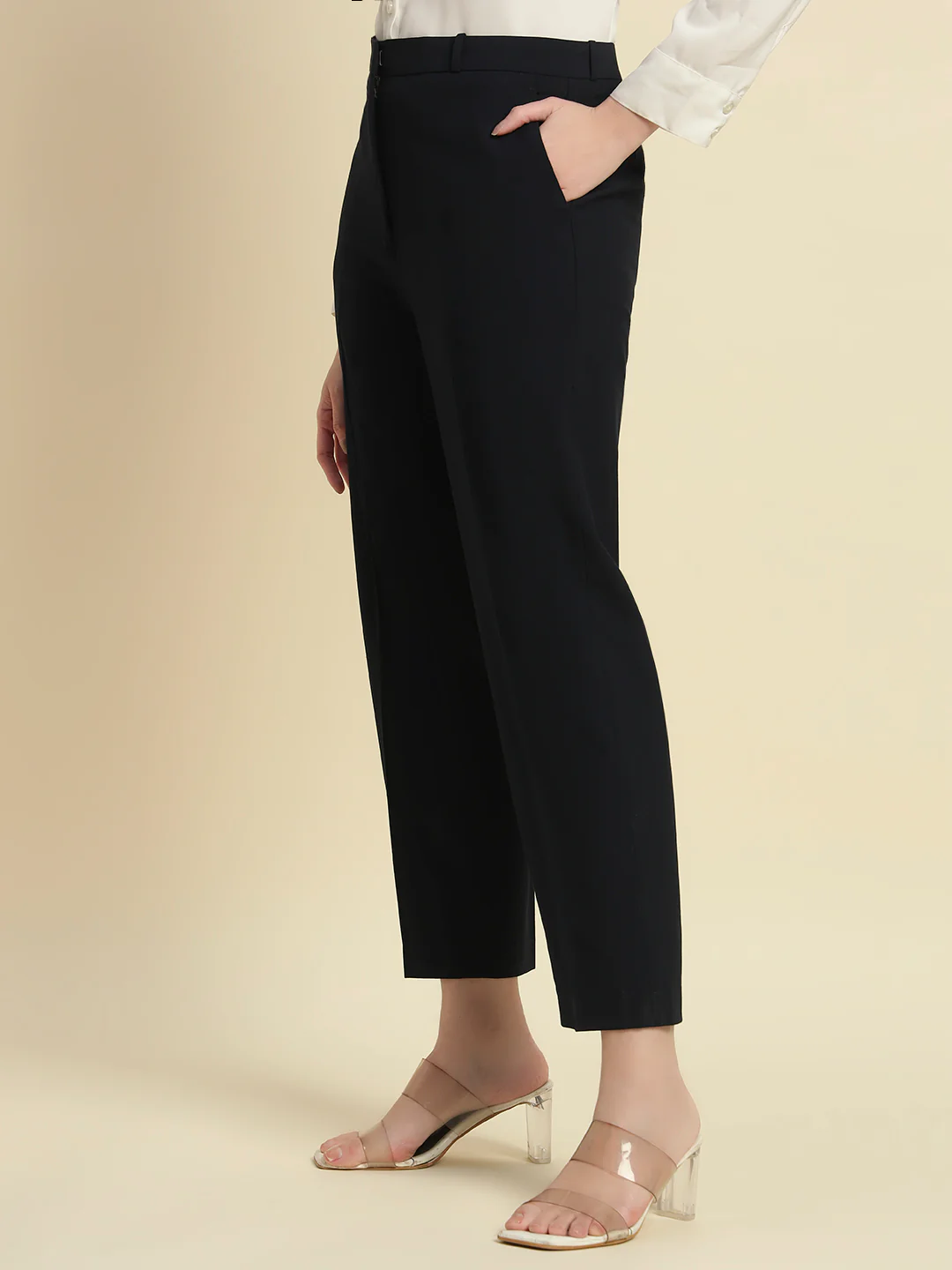 Women's Navy Blue Solid Regular Fit Formal Trouser - Image 4