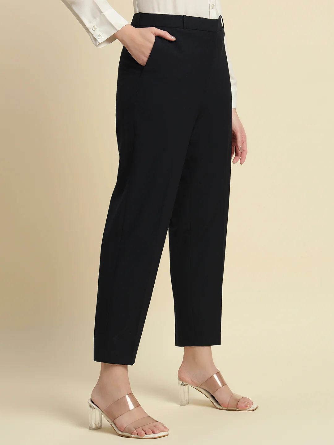 Women's Navy Blue Solid Regular Fit Formal Trouser - Image 5