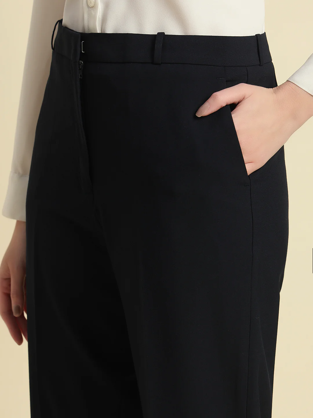 Women's Navy Blue Solid Regular Fit Formal Trouser - Image 6