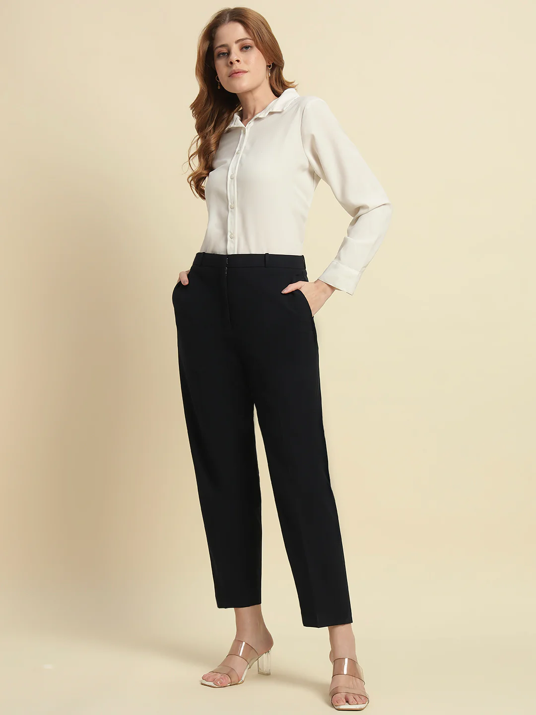 Women's Navy Blue Solid Regular Fit Formal Trouser - Image 7