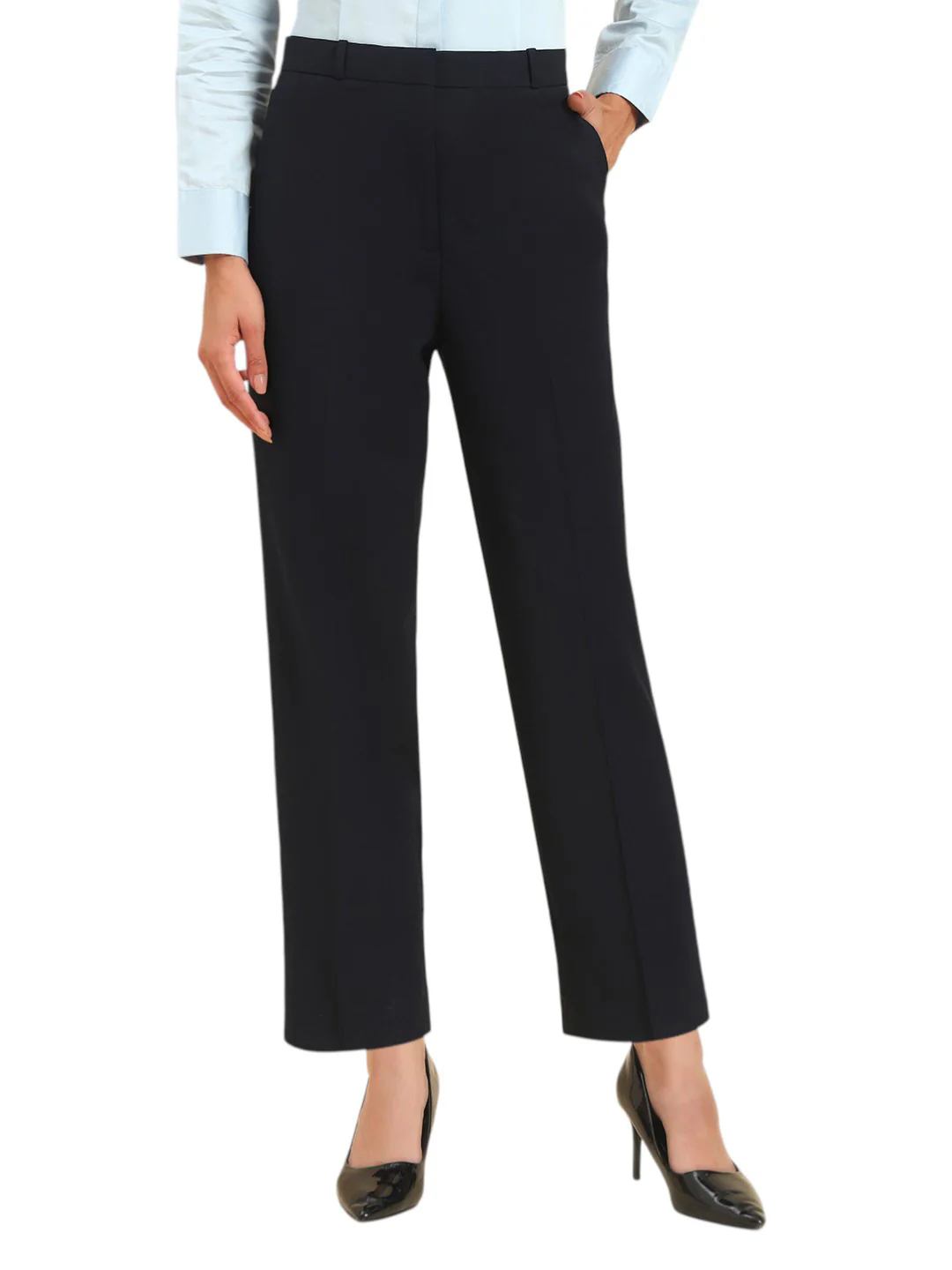 Women's Navy Blue Solid Regular Fit Formal Trouser - Image 2