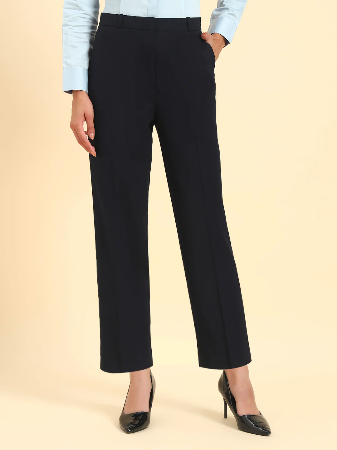Women's Navy Blue Solid Regular Fit Formal Trouser - Image 3