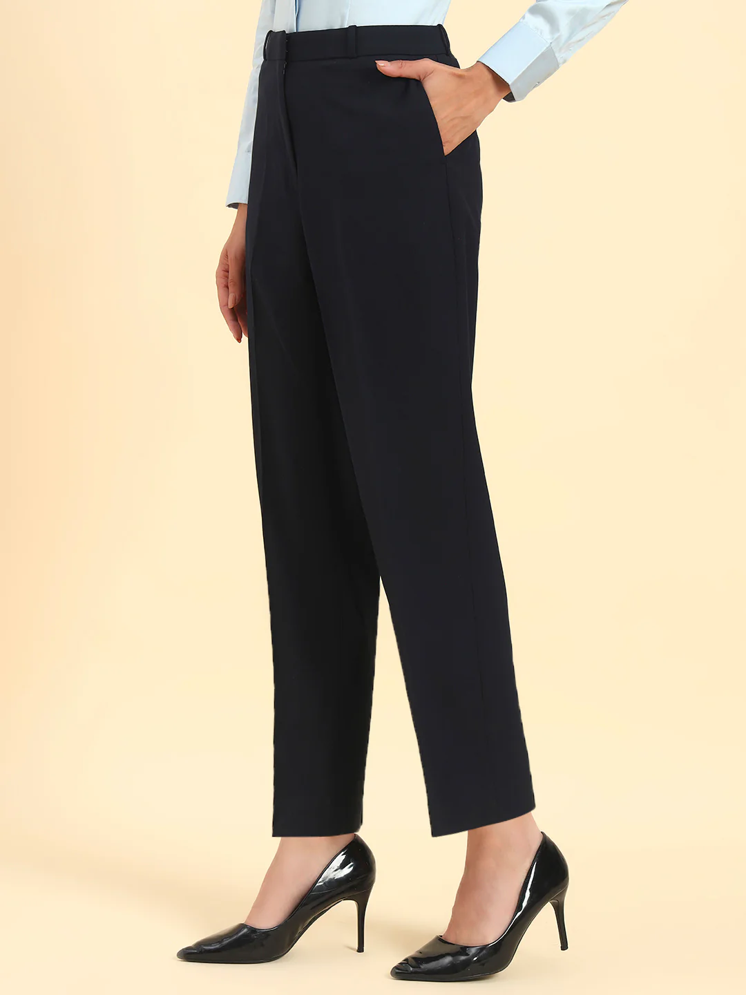 Women's Navy Blue Solid Regular Fit Formal Trouser - Image 4