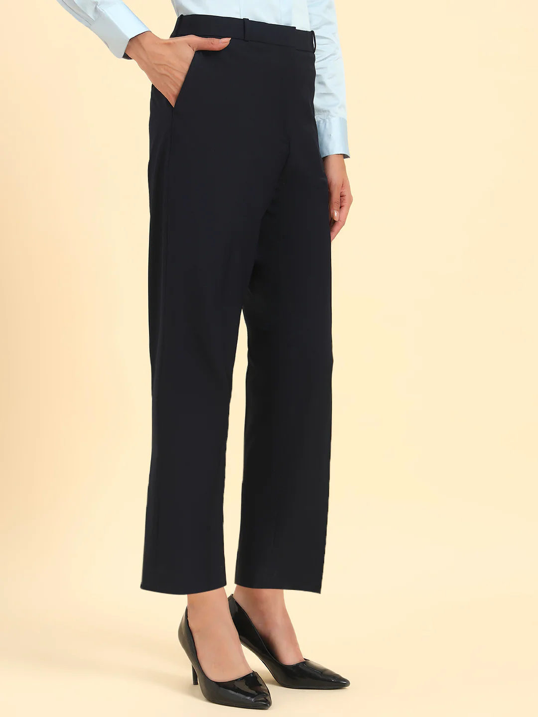 Women's Navy Blue Solid Regular Fit Formal Trouser - Image 5