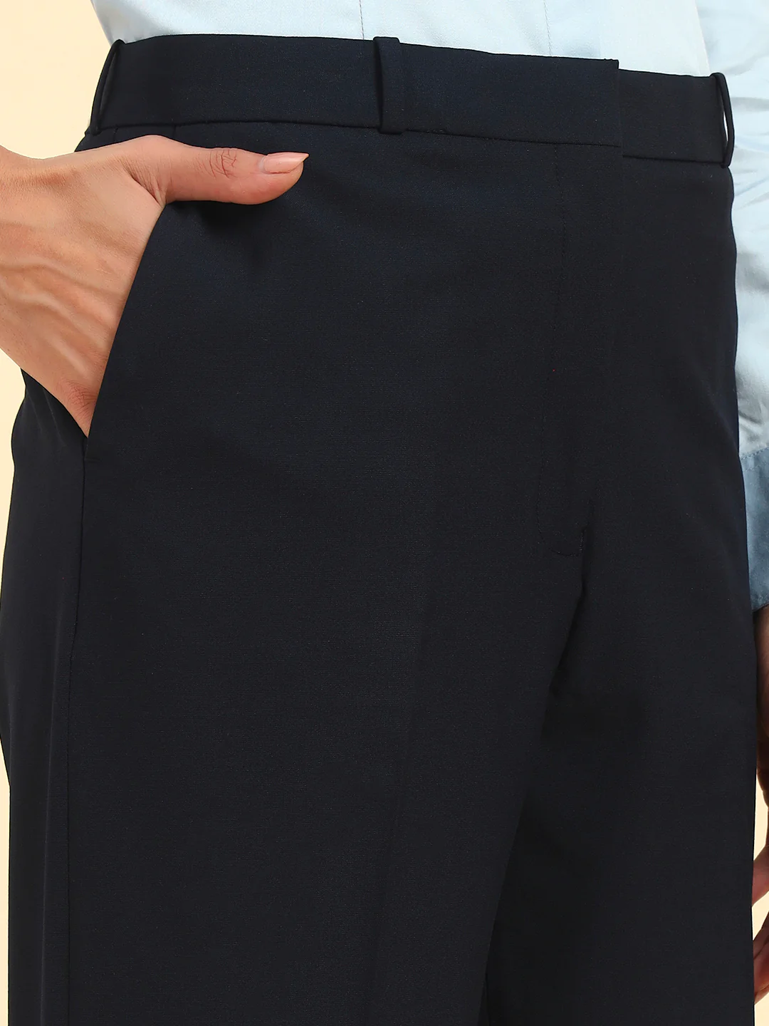 Women's Navy Blue Solid Regular Fit Formal Trouser - Image 6
