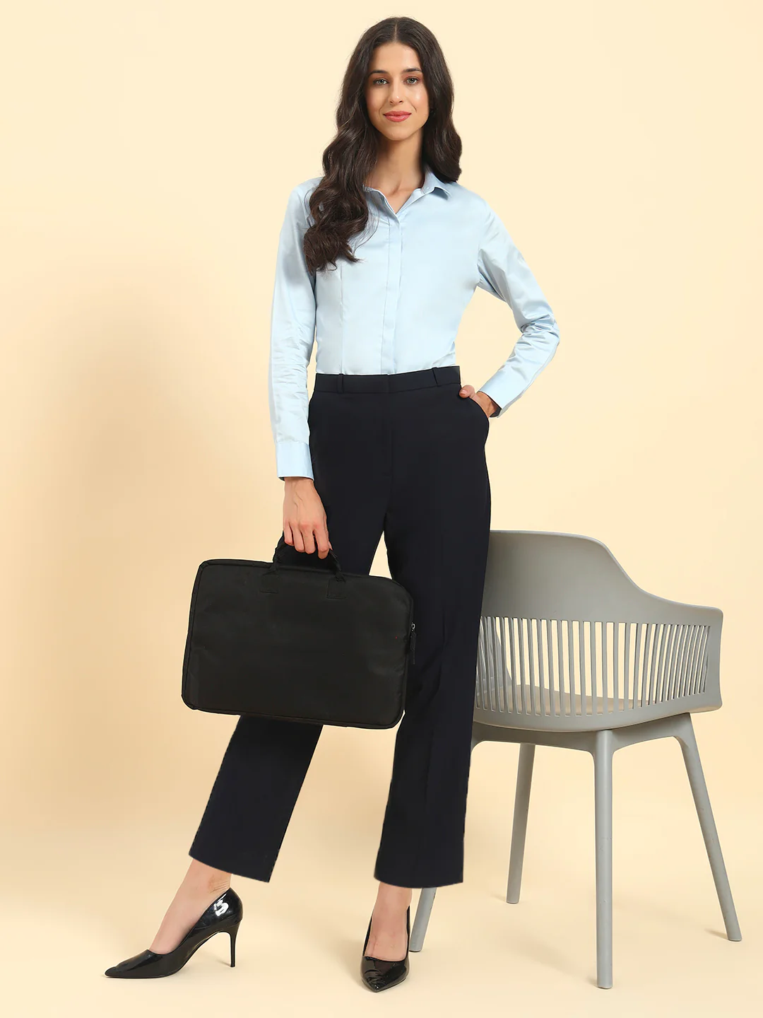 Women's Navy Blue Solid Regular Fit Formal Trouser - Image 7