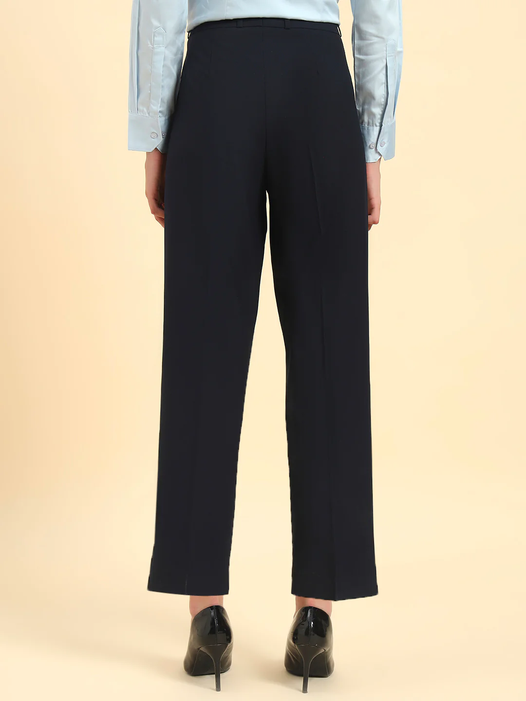 Women's Navy Blue Solid Regular Fit Formal Trouser - Image 8