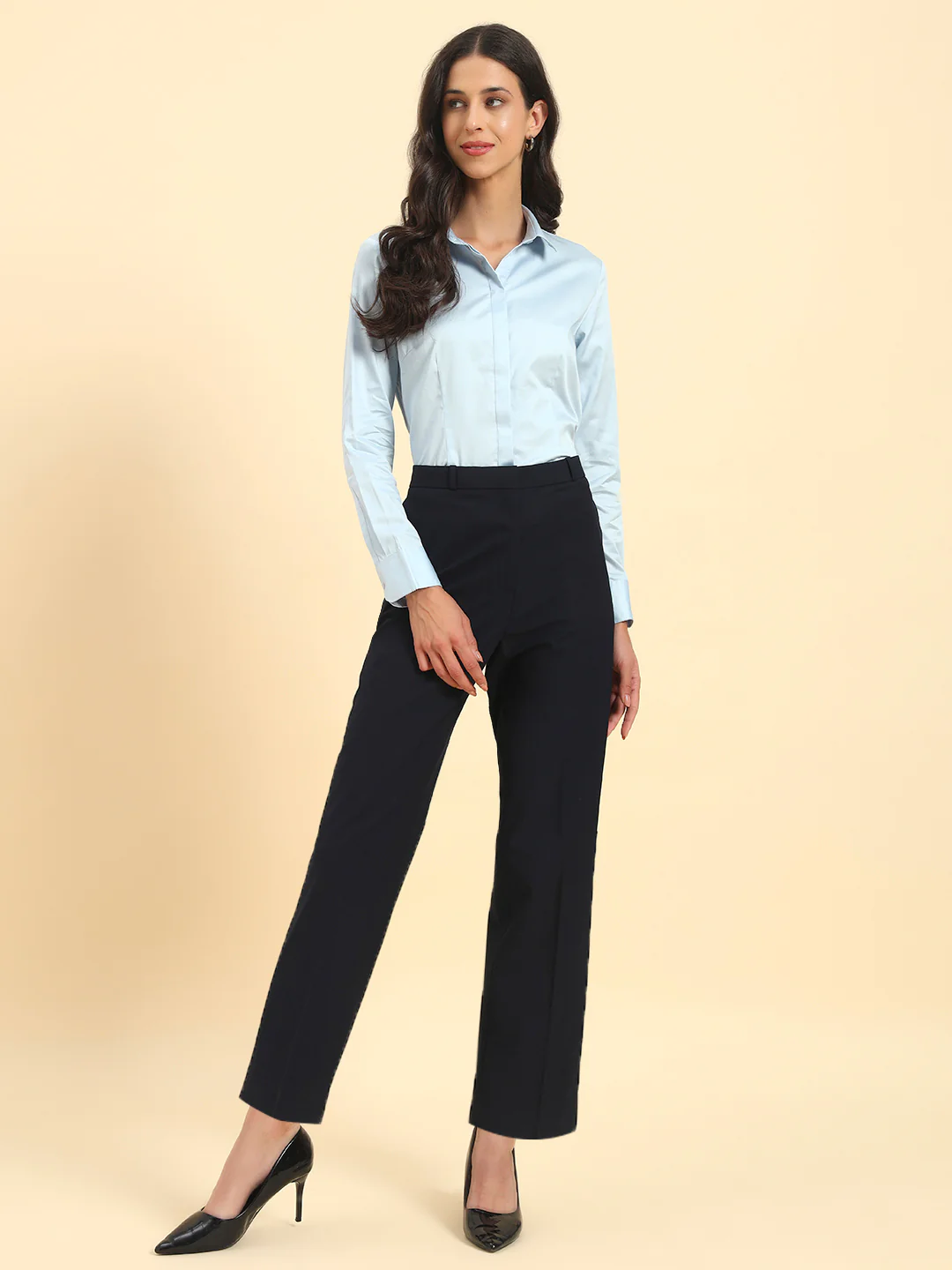 Women's Navy Blue Solid Regular Fit Formal Trouser - Image 9