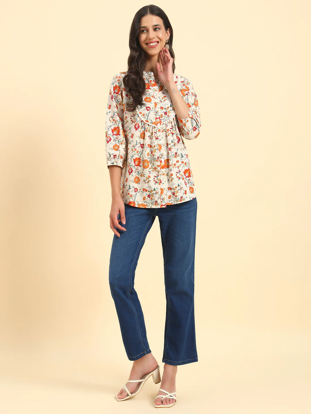 Women's Off White Printed 3/4th Sleeve Mandarin Collar Casual Tunic - Image 2