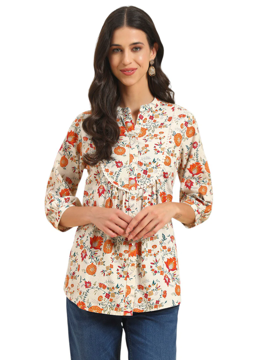 Women's Off White Printed 3/4th Sleeve Mandarin Collar Casual Tunic - Image 3